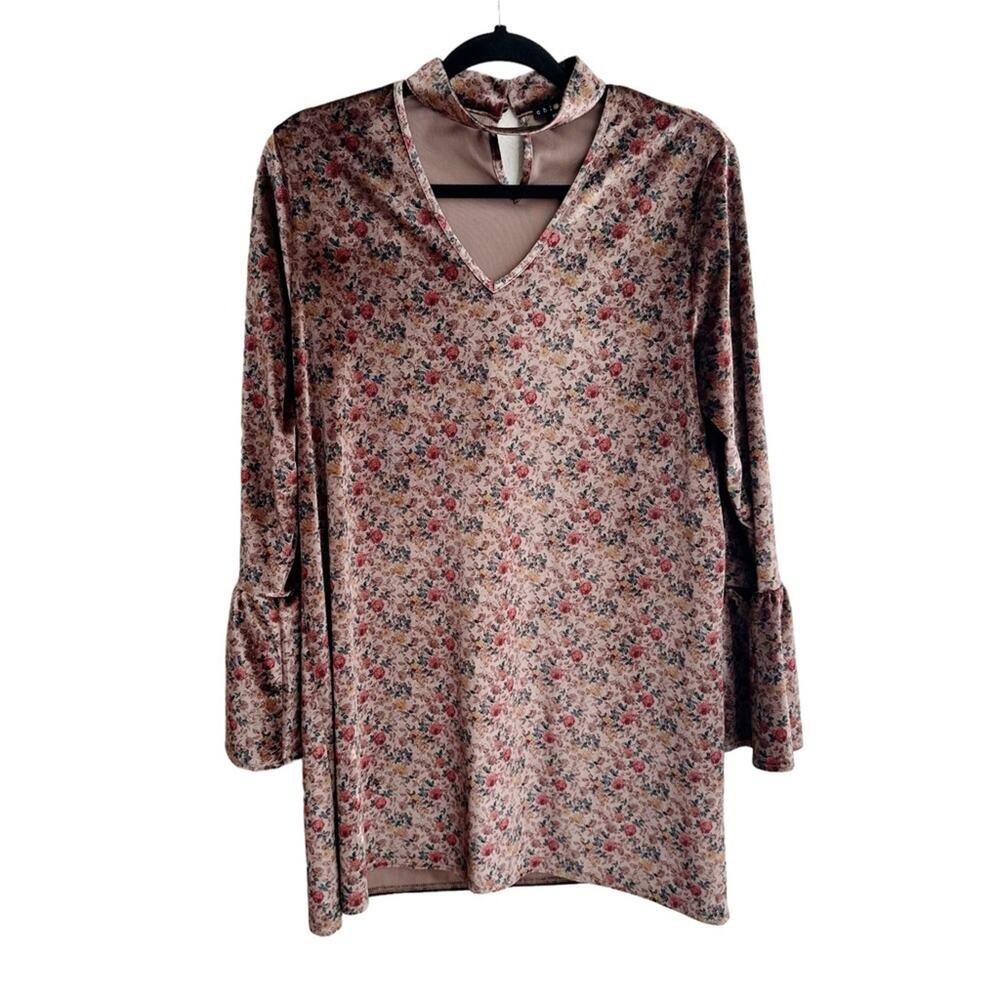 Chloah Boutique Crushed Velvet Choker Neck Bell Sleeve Floral Mini Dress